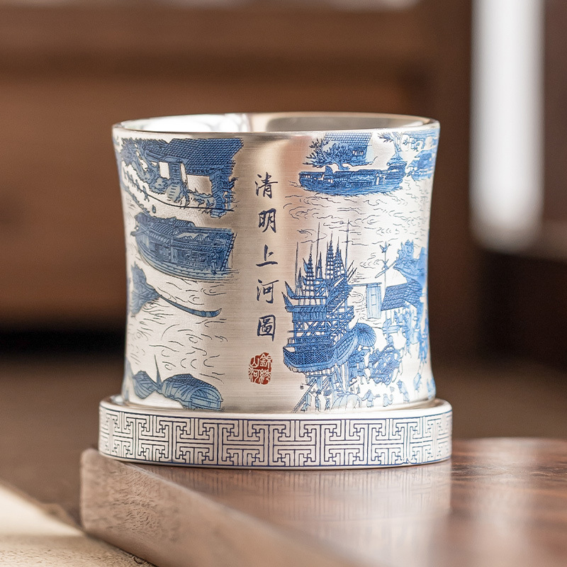 Cốc chủ nhân mạ bạc 999, cốc quay Qingming Shanghetu, bộ trà sang trọng nhẹ, cốc trà Kung Fu gia dụng, quà tặng tay