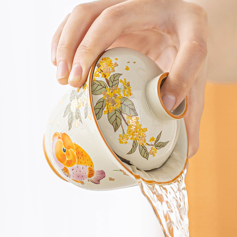 Osmanthus Golden Fish Yuanbao Nắp bát cốc trà lớn bát pha trà gốm sứ hai tài năng có nắp Bộ trà Kung Fu Dụng cụ pha trà đơn