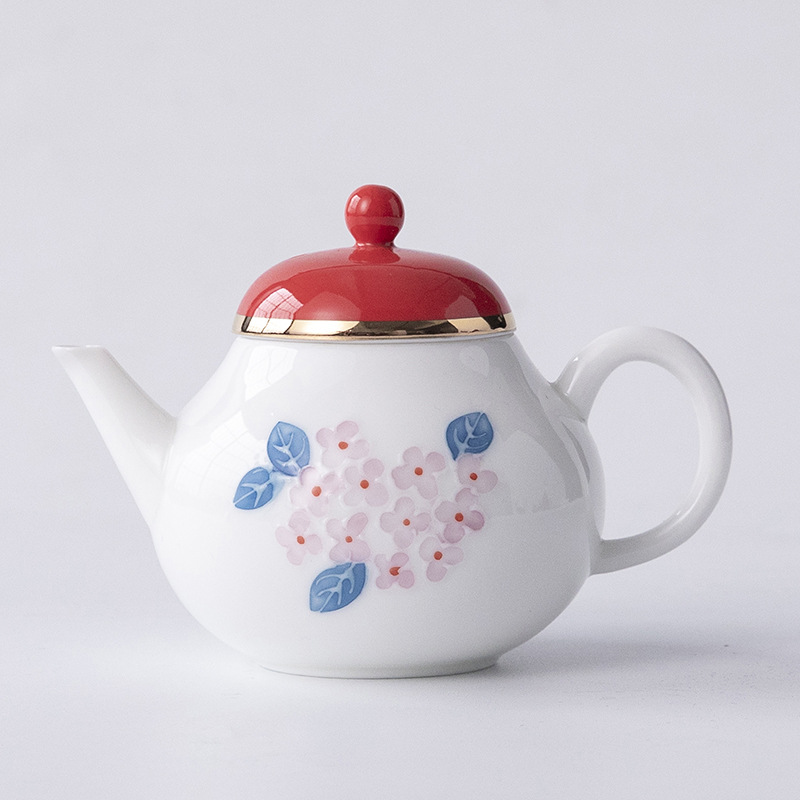Ấm trà tráng men màu vẽ tay, ấm đơn hoa cẩm tú cầu cổ điển, dụng cụ pha trà gốm sứ cao cấp gia dụng