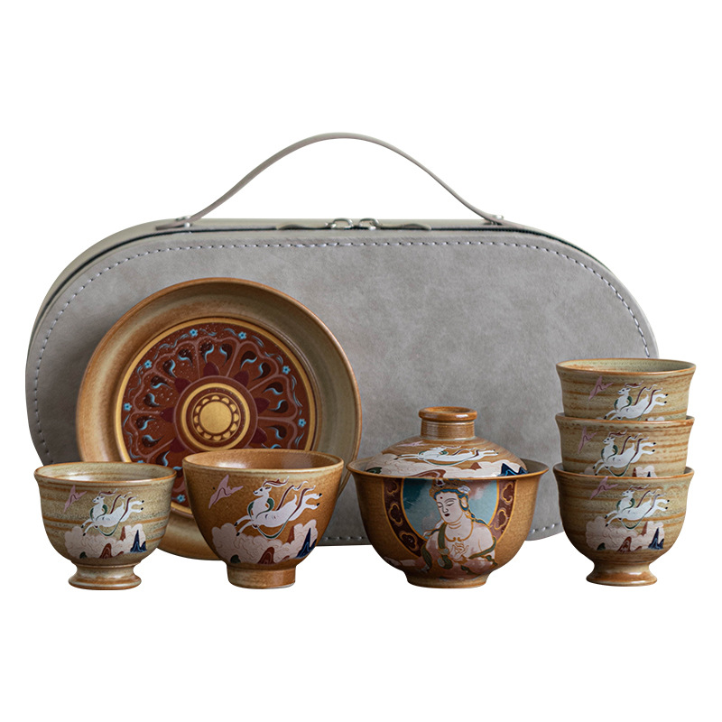 Bộ trà du lịch văn hóa và sáng tạo Đôn Hoàng, bát có nắp di động ngoài trời, cốc khách nhanh, bộ trà quà lưu niệm phong cách Trung Quốc