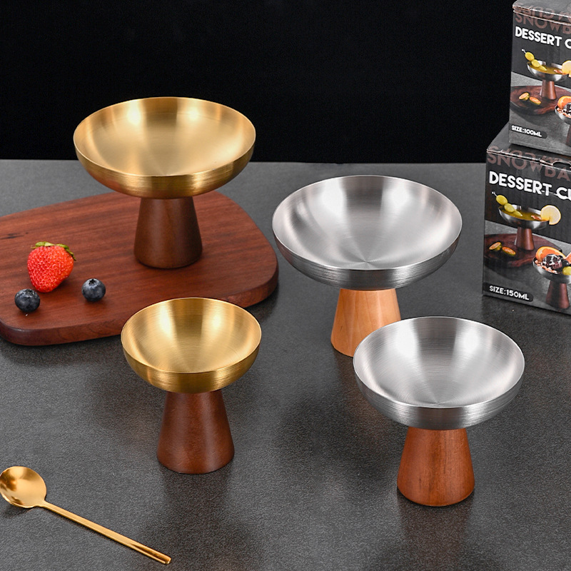 Ly kem inox chân gỗ hình cây nấm, ly sữa chua cao, ly pudding kem, ly trái cây CLB012