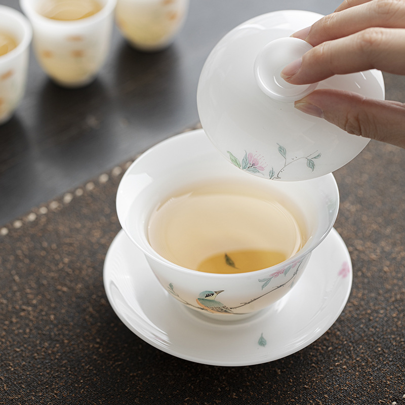 Bát có nắp hình chim hoa gốm sứ trắng ngọc bùn vẽ tay bát pha trà tam tài bát phục trà bộ trà Kung Fu phong cách Trung Quốc