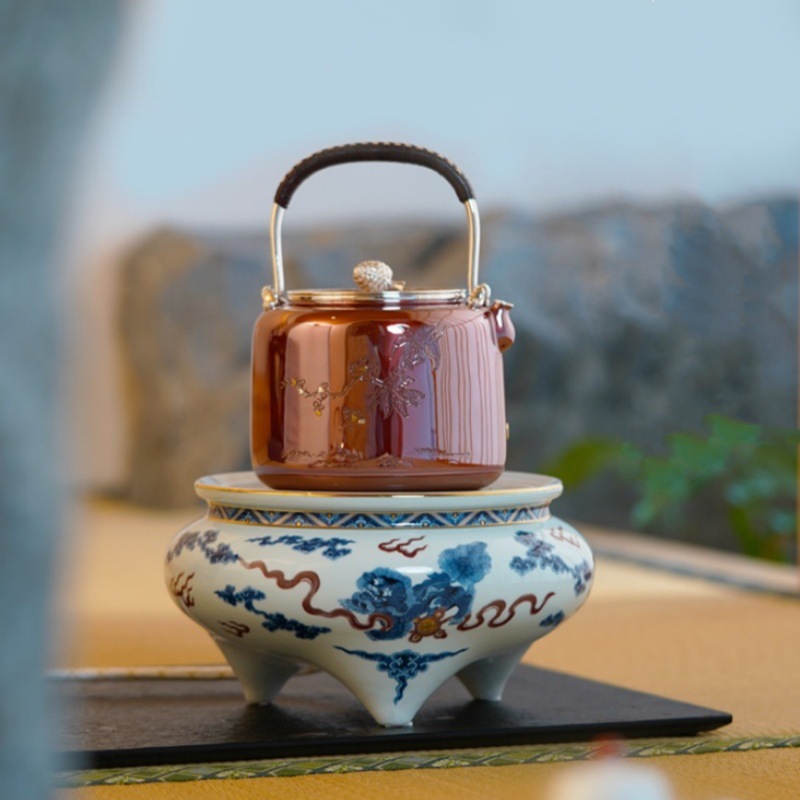 Bếp gốm điện Yingge chính hãng, bếp trà hoa cẩm tú cầu sư tử đỏ tráng men trắng xanh, bếp nấu trà từ xa không dây im lặng