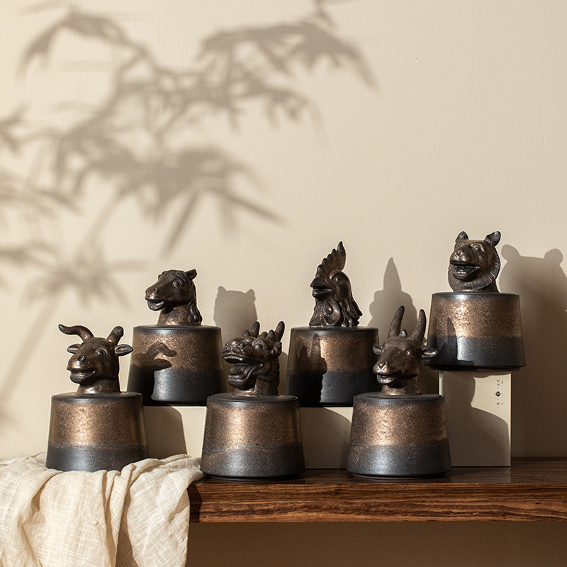 Hộp đựng trà men sắt mạ vàng mười hai cung hoàng đạo, hộp đựng trà kín, hộp đựng gốm sứ, Trà đen Tieguanyin, hộp đựng trà Pu'er