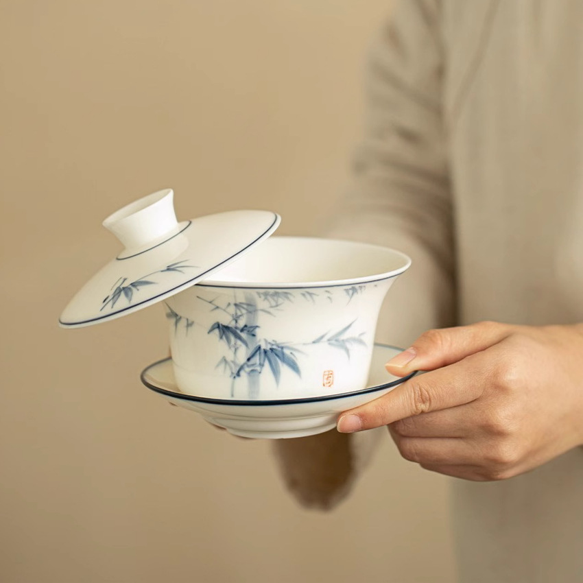 Bóng tre lơ lửng bát nắp ba tài bát pha trà sứ trắng gốm sứ đơn bát trà lớn chén trà