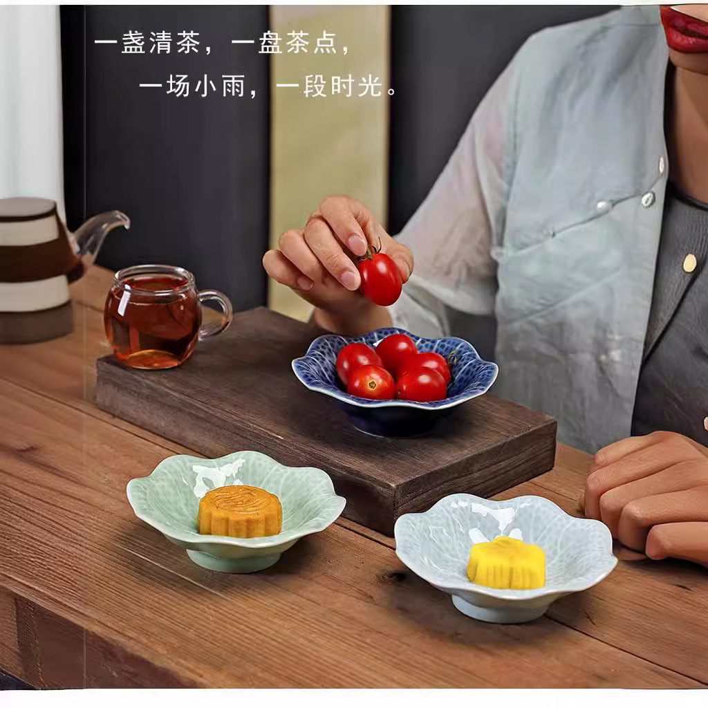 Đĩa cao chân lá sen gốm sứ Đĩa trái cây Đĩa Thiền điềm lành Đĩa giải khát chân cao gia dụng Đĩa thờ Phật kiểu Trung Quốc Bát chấm tâm