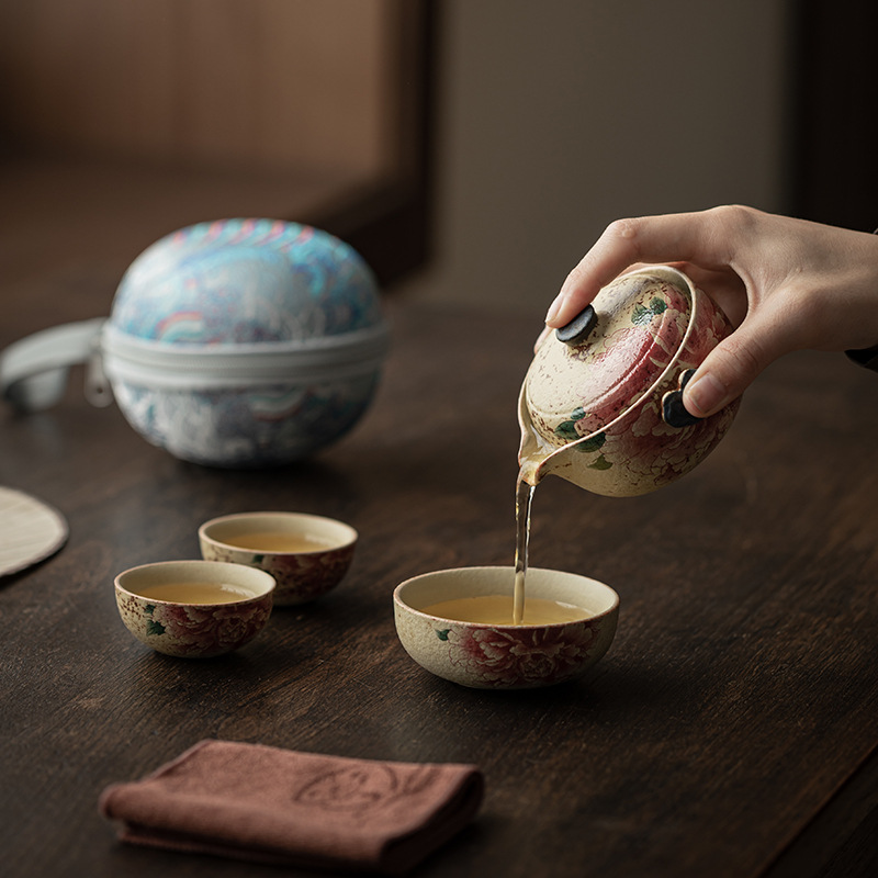 Bộ trà du lịch màu xanh và trắng, đá lửa đỏ, ấm gốm sứ, ba cốc, cốc chở khách di động, bộ trà du lịch xe hơi ngoài trời