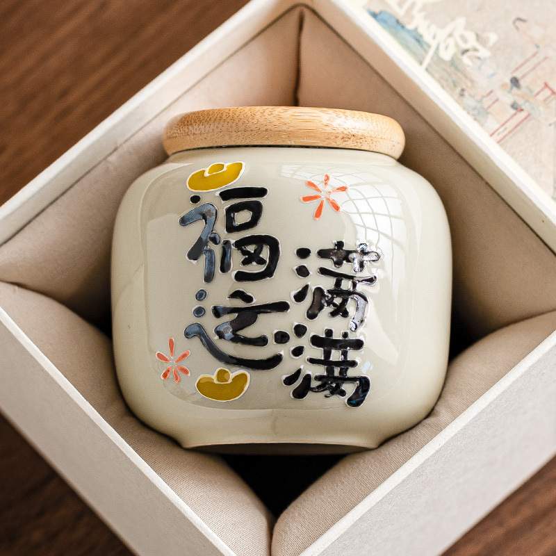 Chậu trà đầy may mắn chạm khắc vẽ tay, bình trà gốm sứ nhỏ, bình rỗng, bình chống ẩm kín gia dụng, bình bảo quản