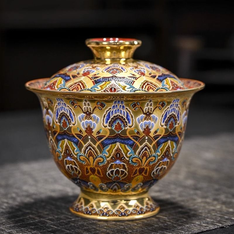 Bộ trà vàng 24k men cloisonné cao cấp, ấm Xi Shi, bát có nắp, cốc chủ nhân, bộ trà gốm sứ ấn tượng Đôn Hoàng bán buôn