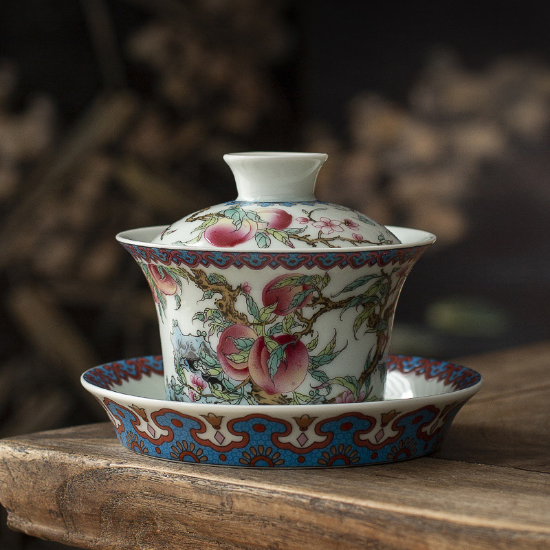 Gốm sứ Jingdezhen bùn cổ Shoutao móng ngựa ba cái bát có nắp đơn có thể lơ lửng bát pha trà gia dụng chống bỏng tay