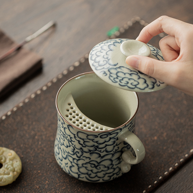 Ly sứ uống trà kiểu cổ Ru Kiln hình mặt trăng lưỡi liềm, có nắp, tách trà nước rời, có thể tháo rời.