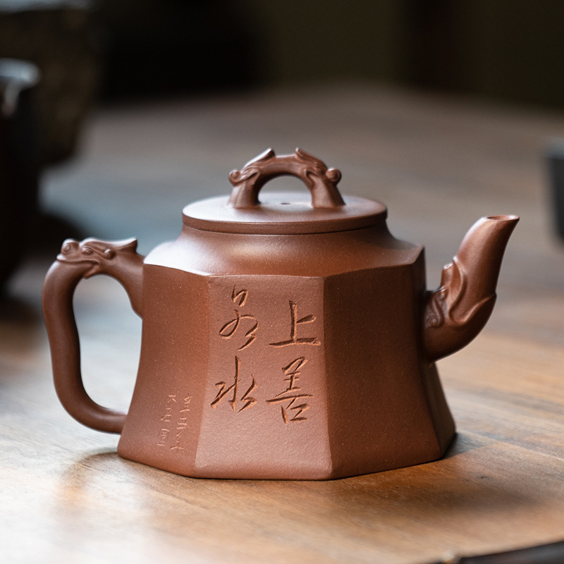Ấm trà đất sét tím nổi tiếng Yixing Ấm trà đất sét Tím tám hướng Pixiu cỡ lớn