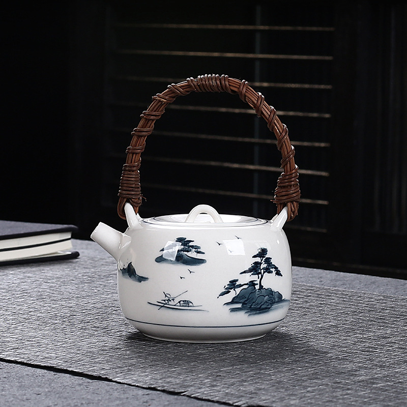 Ấm trà vẽ tay màu xám thực vật Ấm trà gốm sứ tráng men màu Ấm trà bộ trà Kung Fu Ấm trà dung tích lớn có lọc