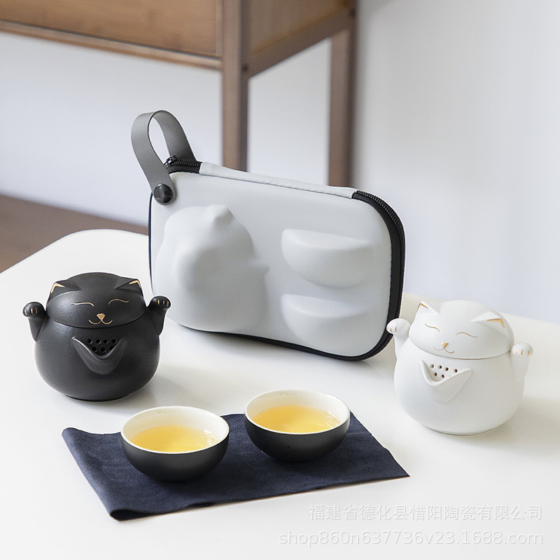 Bộ ấm trà Du Lịch Ngoài Trời đáng yêu mèo may mắn di động văn phòng đơn một bình Hai Hai Hai cốc cốc cốc khách nhanh bộ nhỏ xách tay