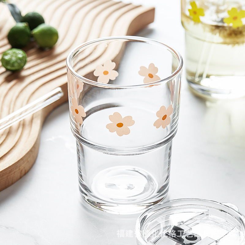 Cốc thủy tinh dễ thương phong cách ins cốc nước có giá trị cao có nắp lớn cốc trà hoa nước trái cây mùa hè cho nữ Cốc ống hút