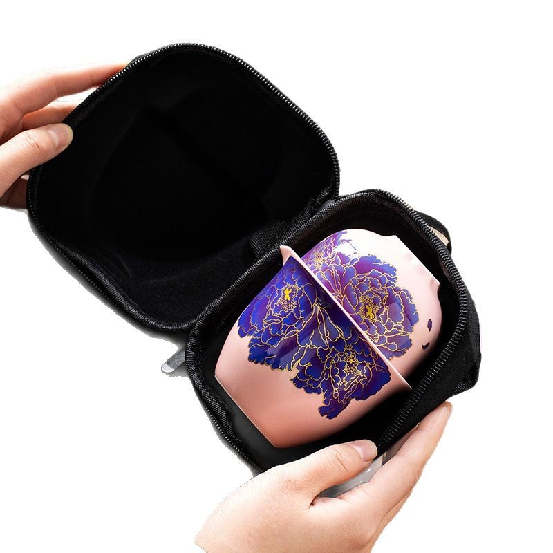 Bộ trà du lịch đổi màu lò nung Ru màu hồng dành cho một người, cắm trại ngoài trời di động Cốc nhanh đơn giản có túi đựng.