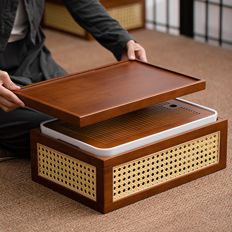 Hộp đựng đồ đa năng gia dụng khay trà bộ trà kungfu đan mây tre đan kiểu Nhật bộ khay trà khay đựng đồ cổ điển