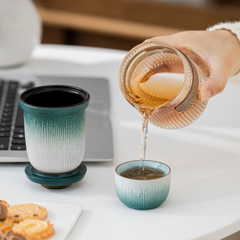 Bộ trà du lịch lưu trữ di động tráng men đá xanh Bộ đồ nhỏ Cốc pha trà thủy tinh dễ mang theo ngoài trời