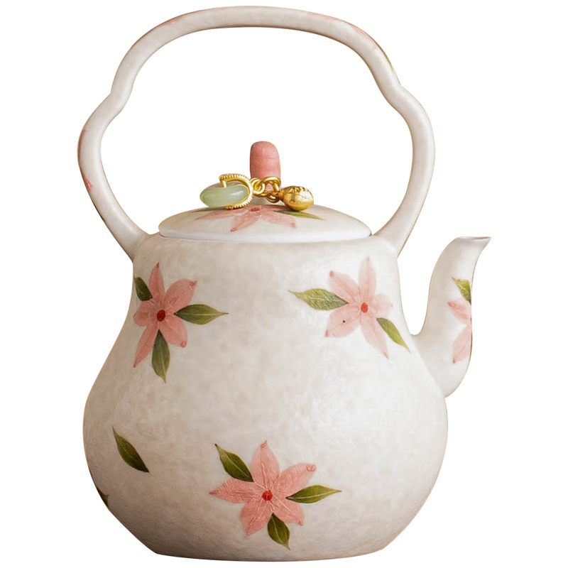 Bộ ấm trà hoa anh đào trắng đá khoáng phong cách Trung Hoa, ấm trà gốm sứ cao cấp có lưới lọc, bộ ấm trà Kung Fu cổ điển, ấm trà đơn