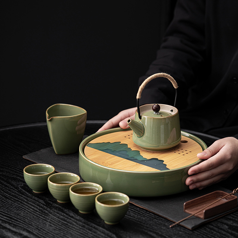 Bộ ấm trà Kung Fu cao cấp ấm trà phục vụ khách phòng khách đơn giản chén trà khay trà bộ dụng cụ pha trà gốm sứ gia dụng