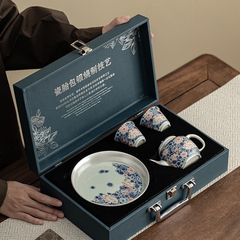 Bộ ấm trà hoa sen xanh trắng mạ bạc bộ ấm trà gốm sứ kiểu Trung Quốc ấm trà bộ trà pha trà tặng quà gia dụng dụng cụ pha trà Kung Fu