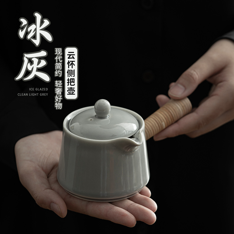 Ấm trà nhỏ dệt mây tráng men màu xám đá ấm trà nhỏ dệt mây thủ công kiểu Nhật ấm trà Kung Fu tráng men tro ấm trà đơn
