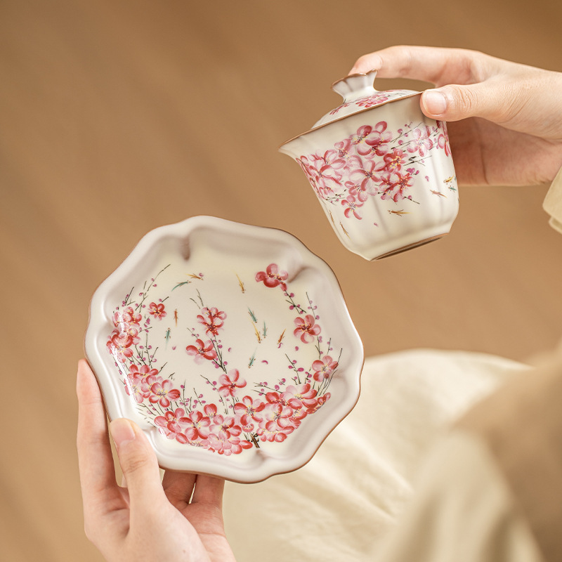 Bát có nắp ba hoa lê đông lạnh mỡ lợn, bộ trà nữ, bát pha trà Kung Fu, bát trà cao cấp có nắp đậy