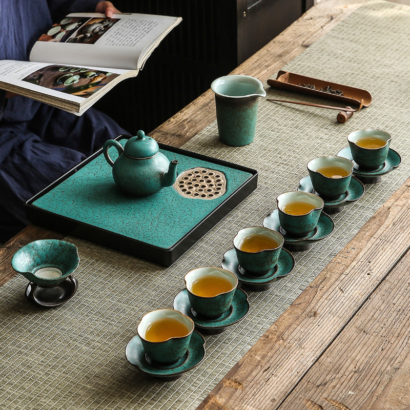 Ấm pha trà xanh ngọc lam cổ điển Lò Nung kiểu Nhật ấm sứ Bộ Trà Công Phu đơn giản Lỗ Bóng lọc bình đơn cỡ nhỏ