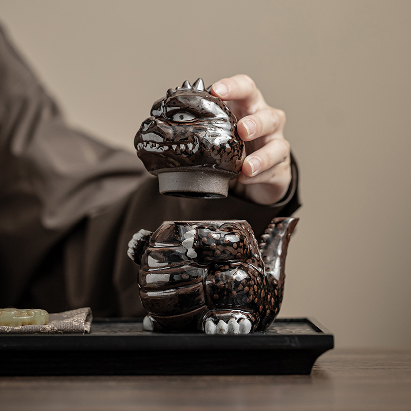 Đồ trang trí ấm trà hình khủng long bùn đá cổ, bộ ấm trà kungfu sáng tạo, đồ trang trí bàn trà kiểu cổ điển Trung Hoa, đồ trang trí lễ trà