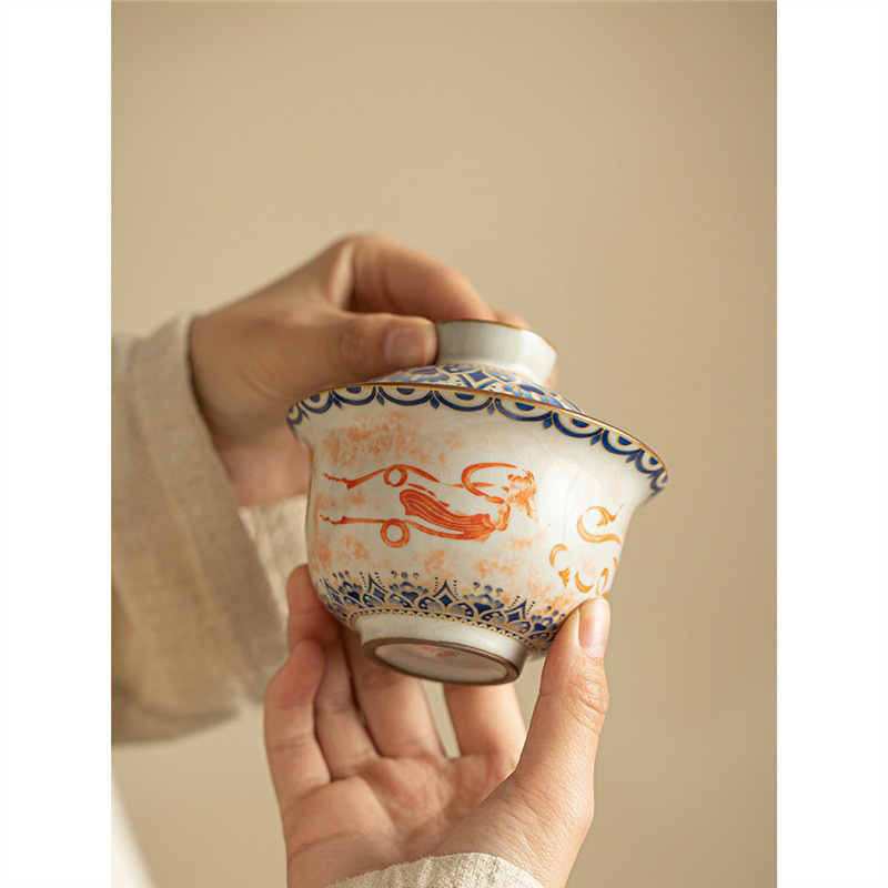 Mô phỏng lò Song Ru Đôn Hoàng Feitian Yuanbao Sancai có nắp Bộ trà Kung Fu gia dụng Bát trà cá nhân Chén trà phong cách retro