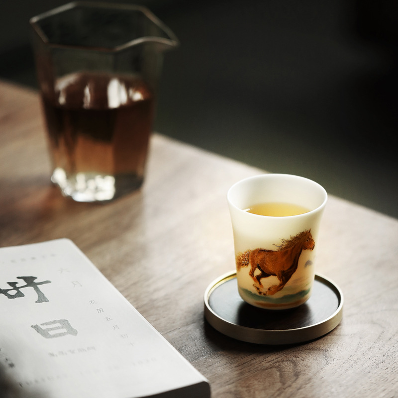 Cốc trà ngọc bích mỡ cừu sứ trắng Dehua, cốc chủ nhân, bộ trà Kung Fu 12 cung hoàng đạo, phong cách Trung Quốc cá nhân