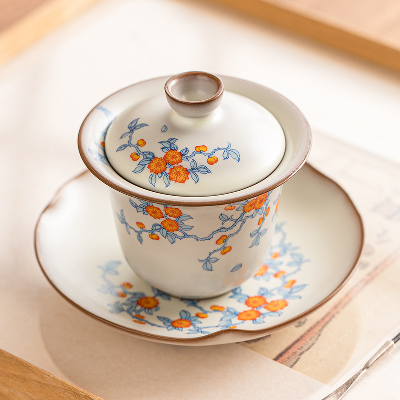 Hoa mai xanh cành Ru Sứ Nắp bát trà Cốc pha trà gia dụng Bát Trà Tam tài có nắp bộ trà Kungfu cao cấp đơn