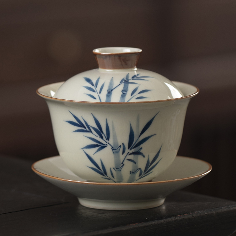 Bát có nắp ba tài vẽ tay cổ điển, bộ trà gốm sứ gia dụng cao cấp một cỡ lớn, cốc trà, bát trà màu tráng men Kung Fu