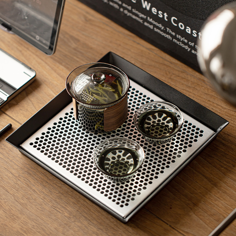 Chậu vuông sắt rèn có khay trà khô, khay đựng nước và lọc trà, khay trà nhỏ kiểu Trung Quốc mới bằng nhôm