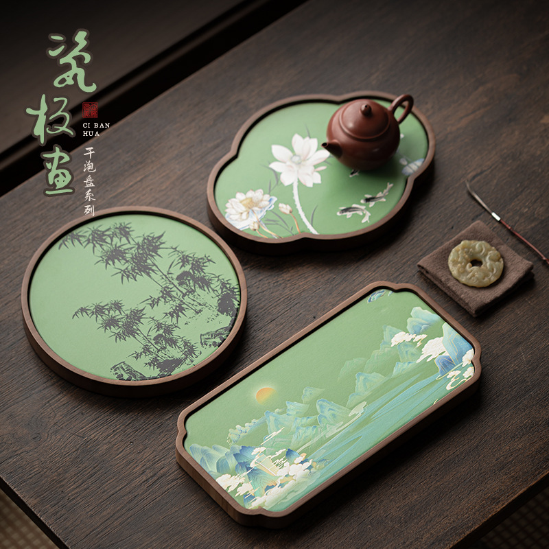Khay trà tranh đĩa sứ khay pha khô khay đựng bia tre bình an bình mới kiểu Trung Quốc ấm gia dụng bàn trà khay nhỏ phụ kiện bộ trà Kung Fu