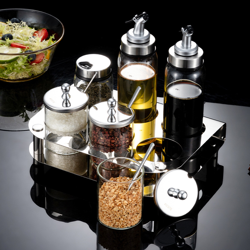 Bộ gia vị nhà hàng khay inox 304 hũ thủy tinh lọ gia vị nhà bếp gia dụng thủy tinh borosilicate JZ25031
