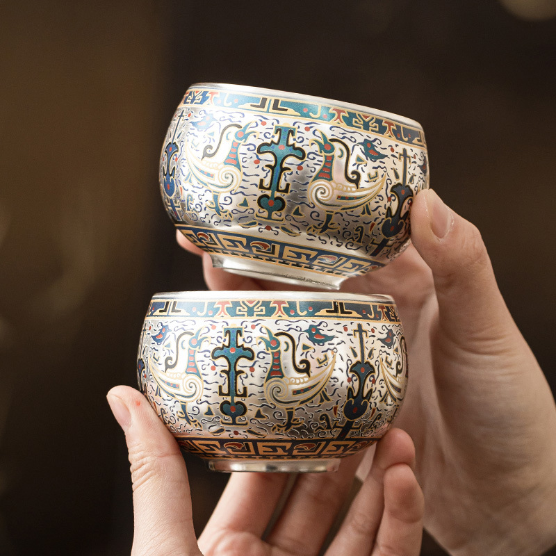 Cốc trà sang trọng nhẹ 999 cốc thiền hoa văn Đôn Hoàng mạ bạc bộ trà cao cấp cốc chủ nhân chén trà Kung Fu không nóng tay