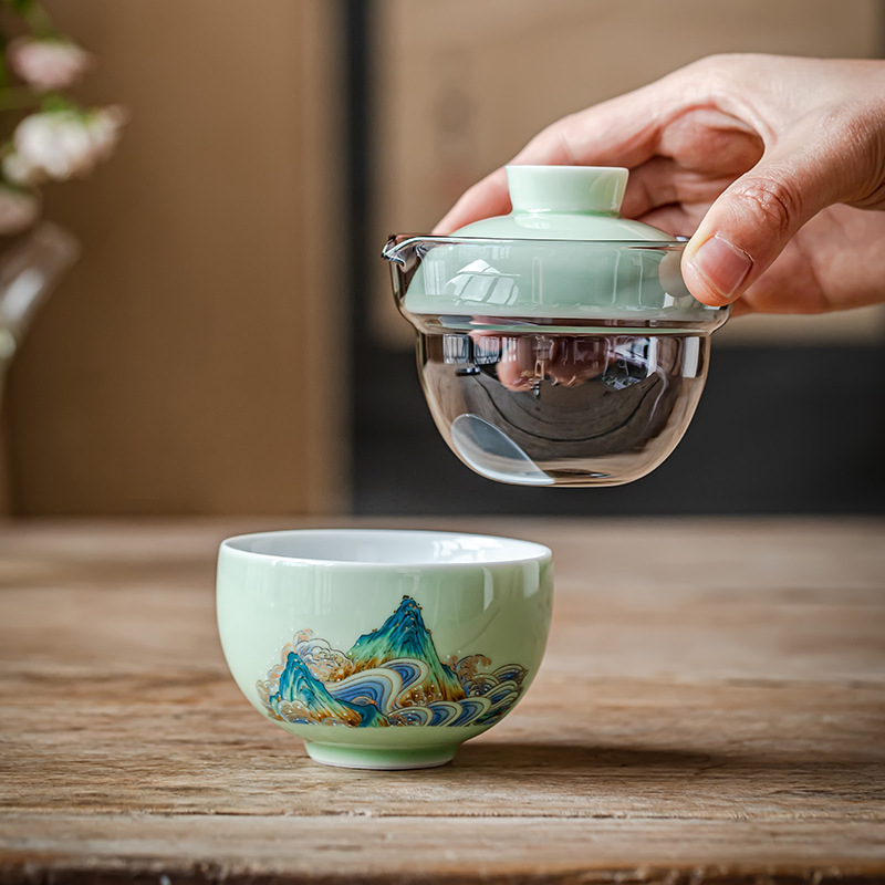 Qianli Jiangshan Kuaike Cup Một ấm Ba cốc Bộ ấm trà gốm sứ Kung Fu tách trà du lịch tiện lợi ngoài trời