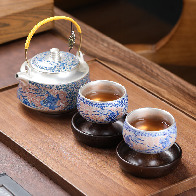 Ấm trà gốm sứ sang trọng nhẹ cao cấp có tay cầm, bộ tách trà, một ấm và hai tách, ấm trà bạc mạ vàng kiểu Trung Quốc, bộ trà kung fu dùng trong gia đình.