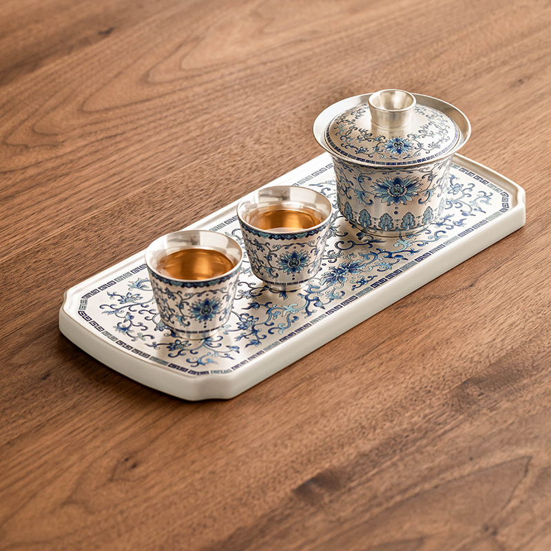 Bộ ấm trà mạ bạc Fuyun Nian Lian mạ bạc gốm sứ ba tài năng nắp cốc trà túi du lịch cắm trại di động một bát hai cốc