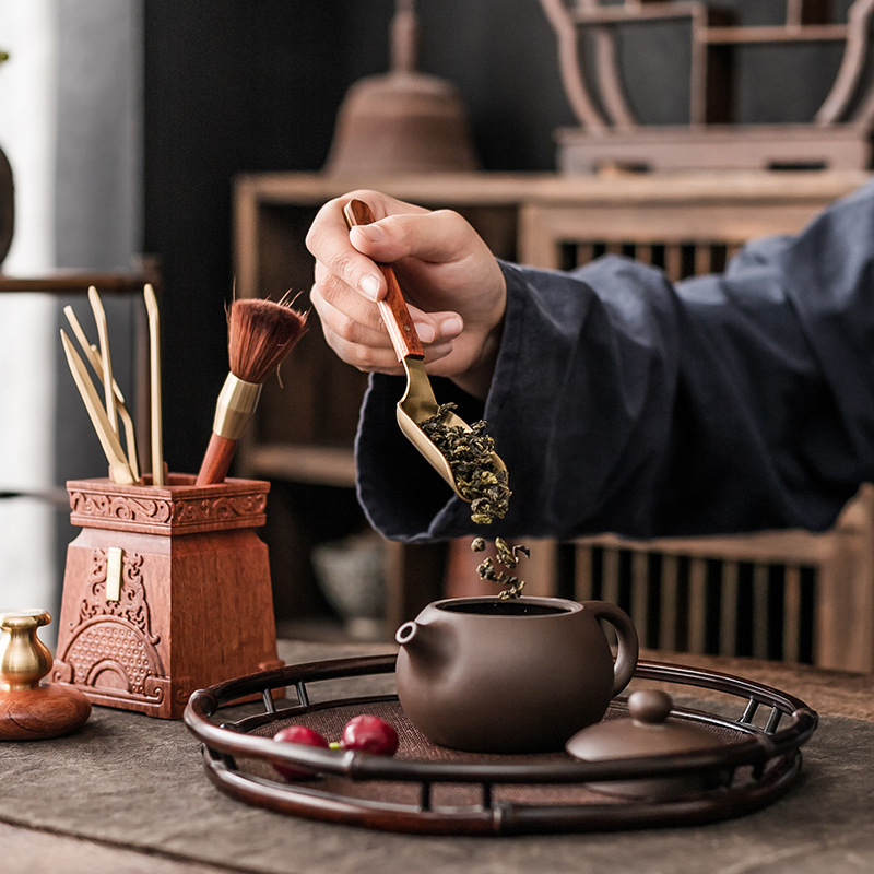 Phụ kiện Bộ trà gỗ rắn đồng thau sáu quý ông Bộ dụng cụ lót tách trà gỗ Mun trà đạo 6 quý ông Phụ kiện trà