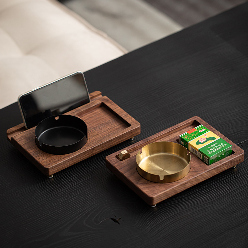 Gạt tàn gỗ óc chó đen kiểu giữa Daantang, đồ trang trí trang trí phụ kiện Bộ trà văn phòng cổ điển có nắp cho gia đình