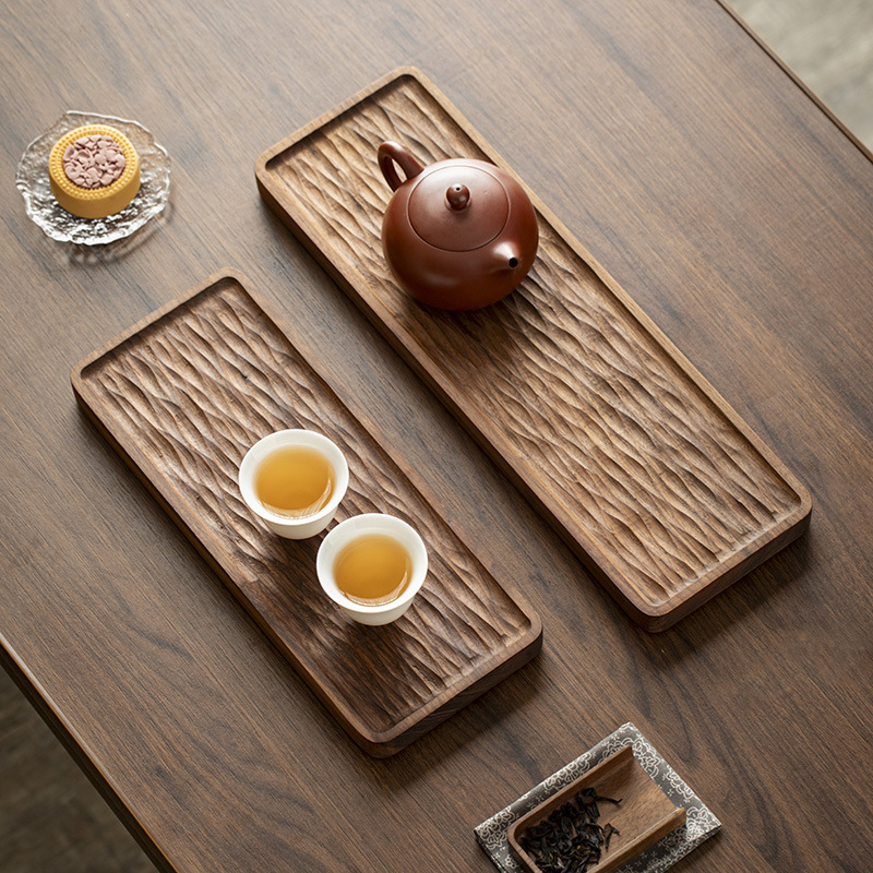 Khay trà gỗ nguyên khối kiểu Trung Quốc, khay pha khô kiểu Nhật đơn giản, bàn trà nhỏ, bộ trà Kung Fu hiện đại gỗ óc chó đen