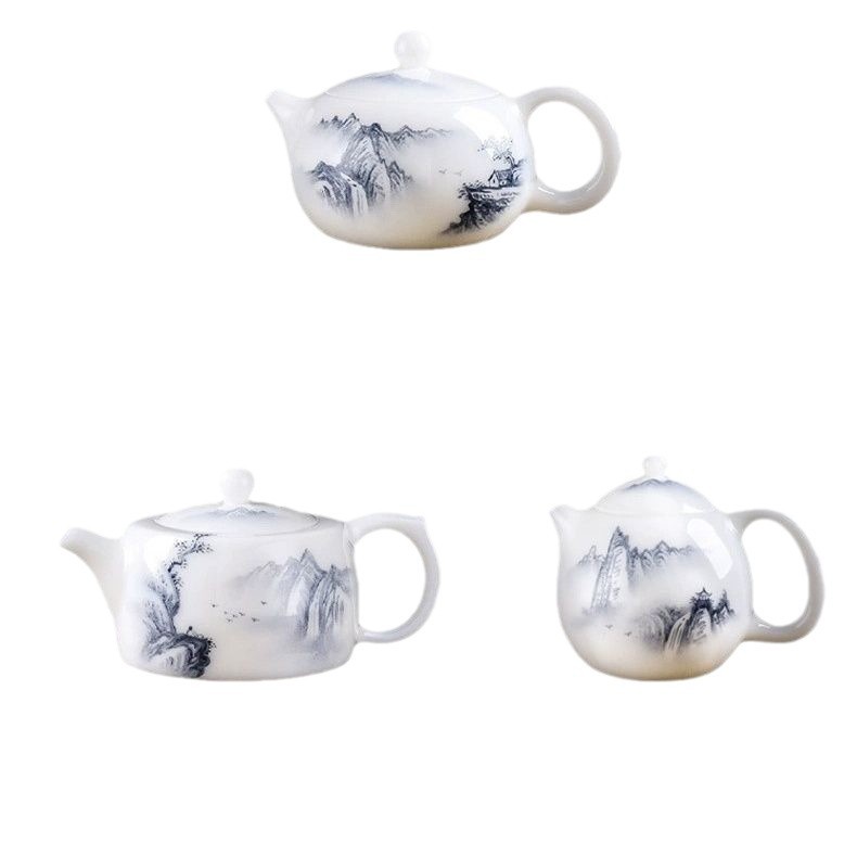 Guo Zhibao Ấm trà thủ công Trung Quốc trắng mỡ cừu ngọc bích men nung vẽ tay phong cảnh Xi Shi Ấm trà Kung Fu