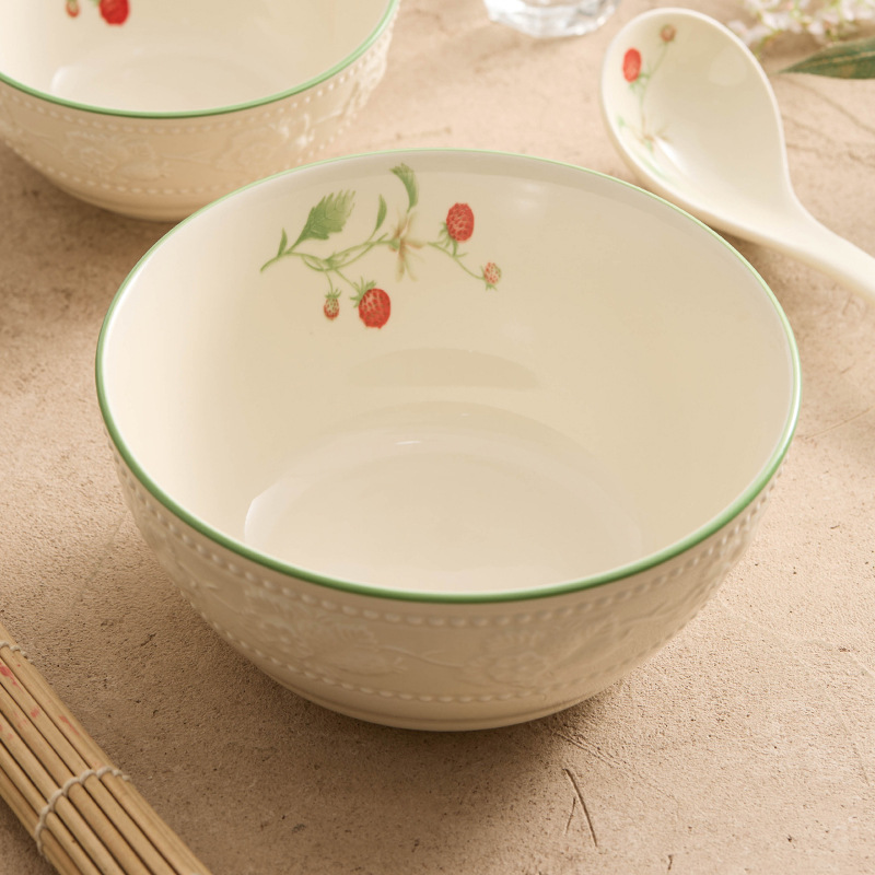 Yogurt chạm nổi dâu tây bát lớn bát mì ăn liền gia dụng bát canh gốm sứ sáng tạo bát mì bát bộ đồ ăn khách sạn đĩa canh bát đẹp