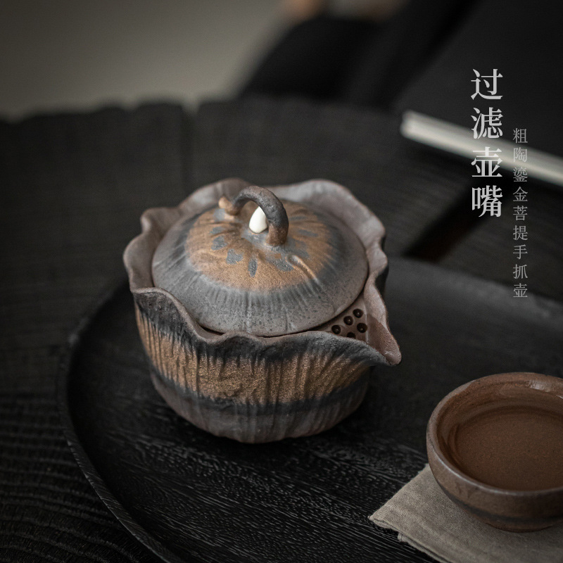 Bán buôn ấm cầm tay bằng gốm thô mạ Vàng Bộ trà Kung Fu gốm thủ công thuần túy cổ điển Nhật Bản có bộ lọc pha trà