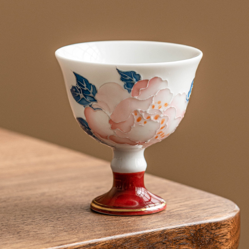 Cốc cao hoa mẫu đơn vẽ tay cốc trà Kung Fu cốc chủ nhân bộ trà gốm sứ cao cấp cốc trà cốc uống rượu trắng cốc đơn