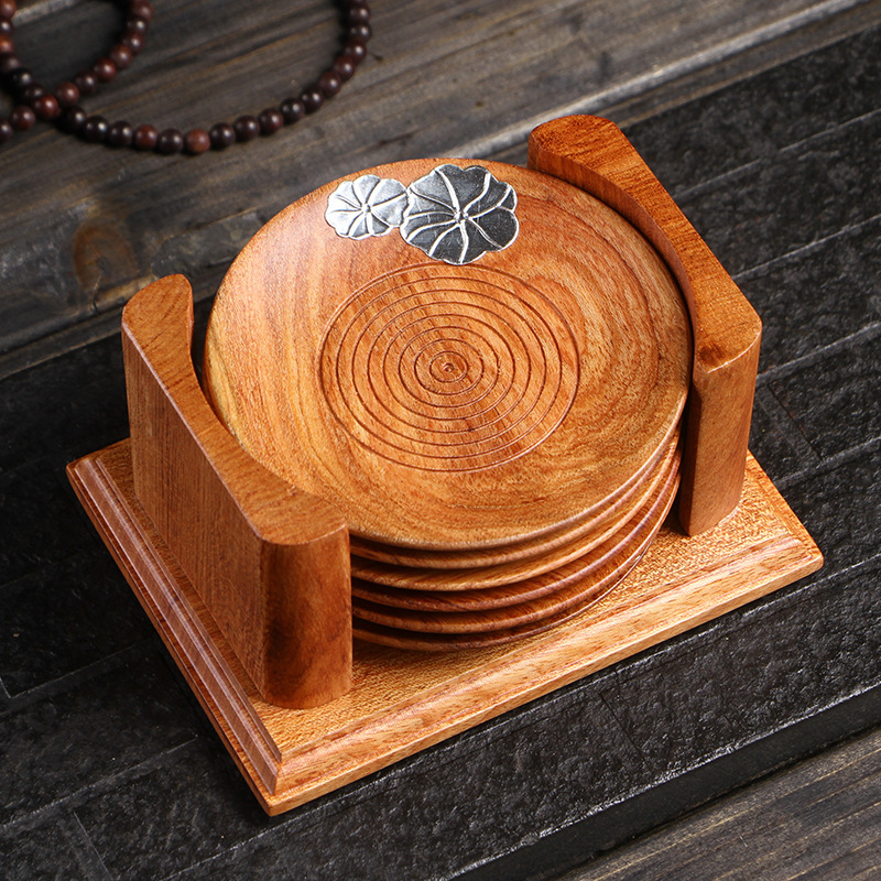 Phụ kiện bộ ấm trà gỗ solid gỗ mun có kệ đựng cốc đựng cốc trà thiếc nguyên chất kiểu Trung Quốc cỡ lớn bộ lót cốc trà đạo Kung Fu