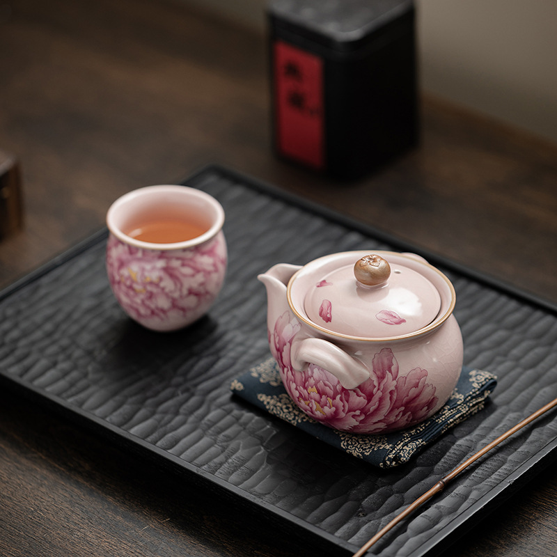 Ấm cầm tay hoa mẫu đơn Ru Kiln màu hồng ấm pha trà bộ trà Kung Fu đơn dụng cụ pha trà chống bỏng gốm sứ gia dụng hộp quà