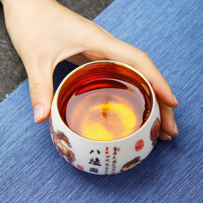Cốc chủ nhân lót mạ vàng 24k cốc trà sứ dụng cụ trà Kung Fu cao cấp gia dụng cốc trà quà tặng hộp quà lưu niệm